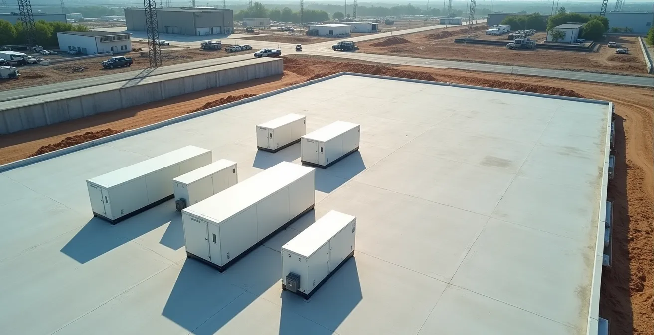 Vue aérienne d'un chantier de construction urbain avec diverses batteries mobiles de stockage d'énergie positionnées stratégiquement