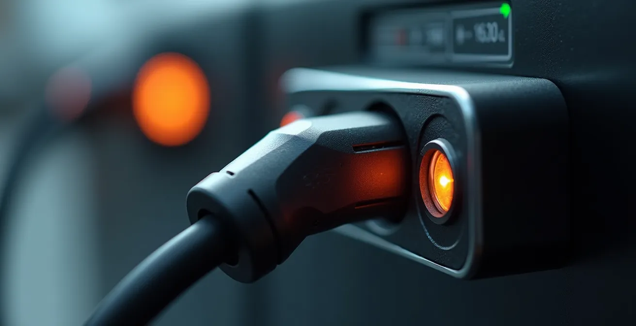 Gros plan détaillé de la connexion et de la recharge d'une batterie mobile sur une borne de charge rapide