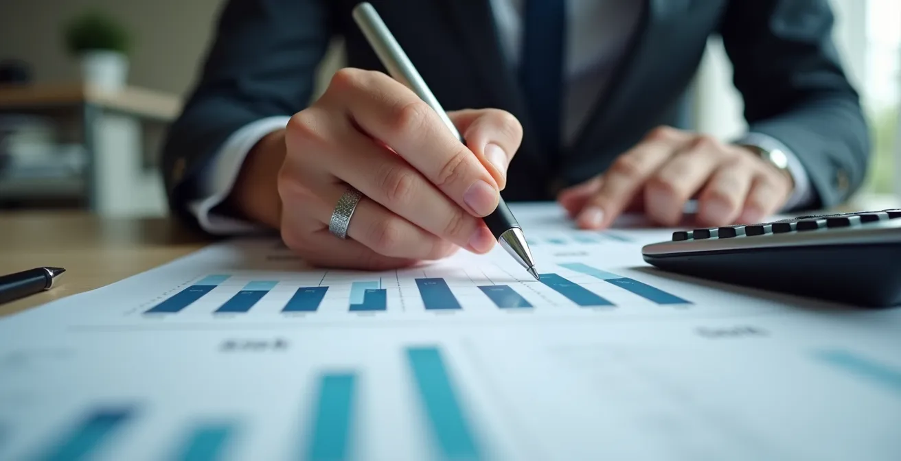 Main d'une personne analysant des documents de coût et d'investissement avec stylo et calculatrice