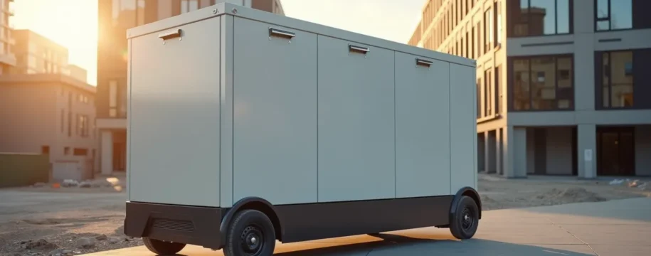 Batterie portable de stockage d'énergie sur un chantier urbain moderne avec outils électriques en arrière-plan