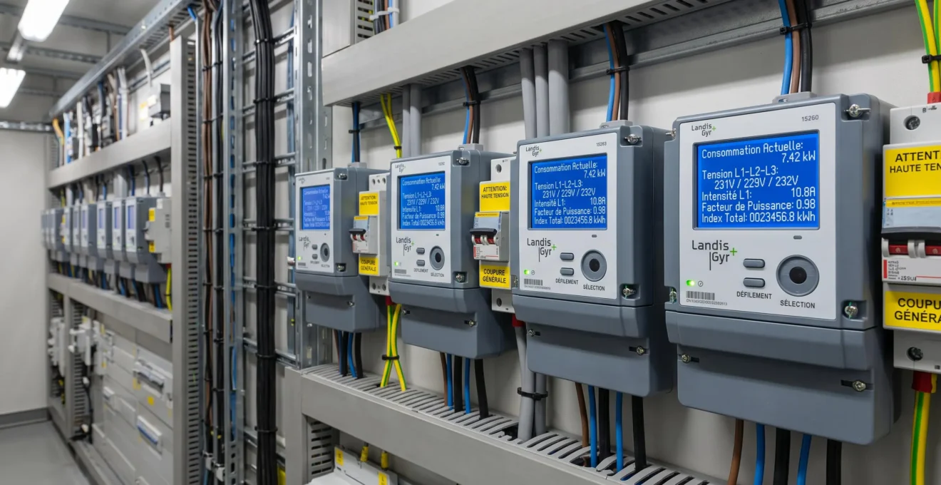 Compteurs électriques intelligents modernes affichant des données de consommation en temps réel dans un local technique
