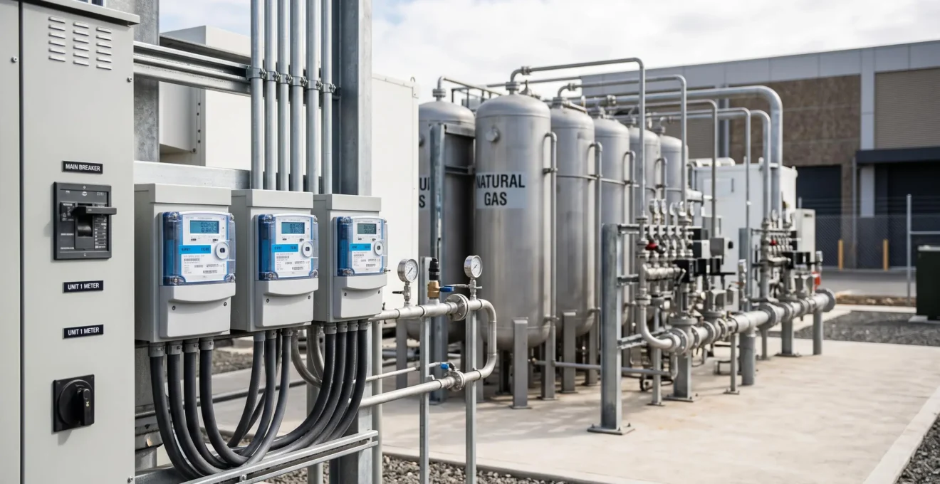 Installation moderne de stockage de gaz industriel avec cuves métalliques et équipements de mesure dans un environnement professionnel