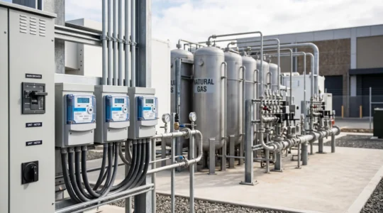 Installation moderne de stockage de gaz industriel avec cuves métalliques et équipements de mesure dans un environnement professionnel