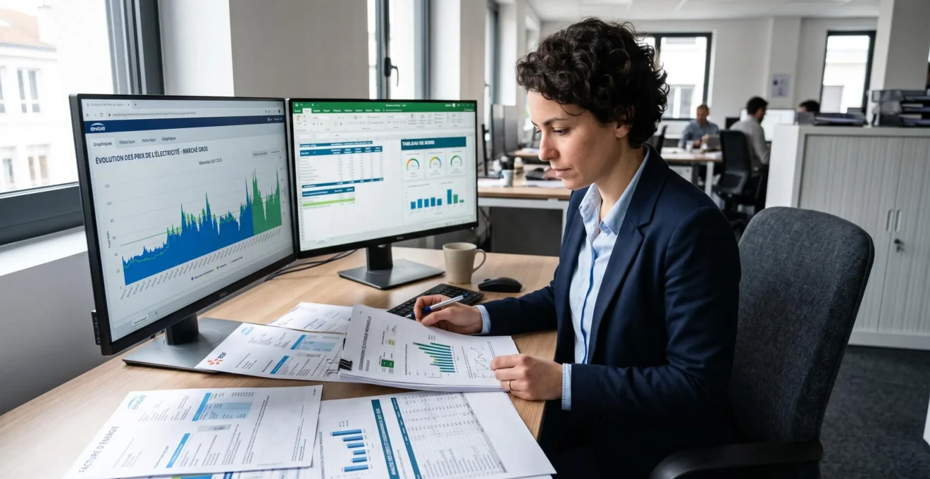 Professionnel analysant des factures d'énergie et des graphiques de consommation sur un bureau moderne avec ordinateurs